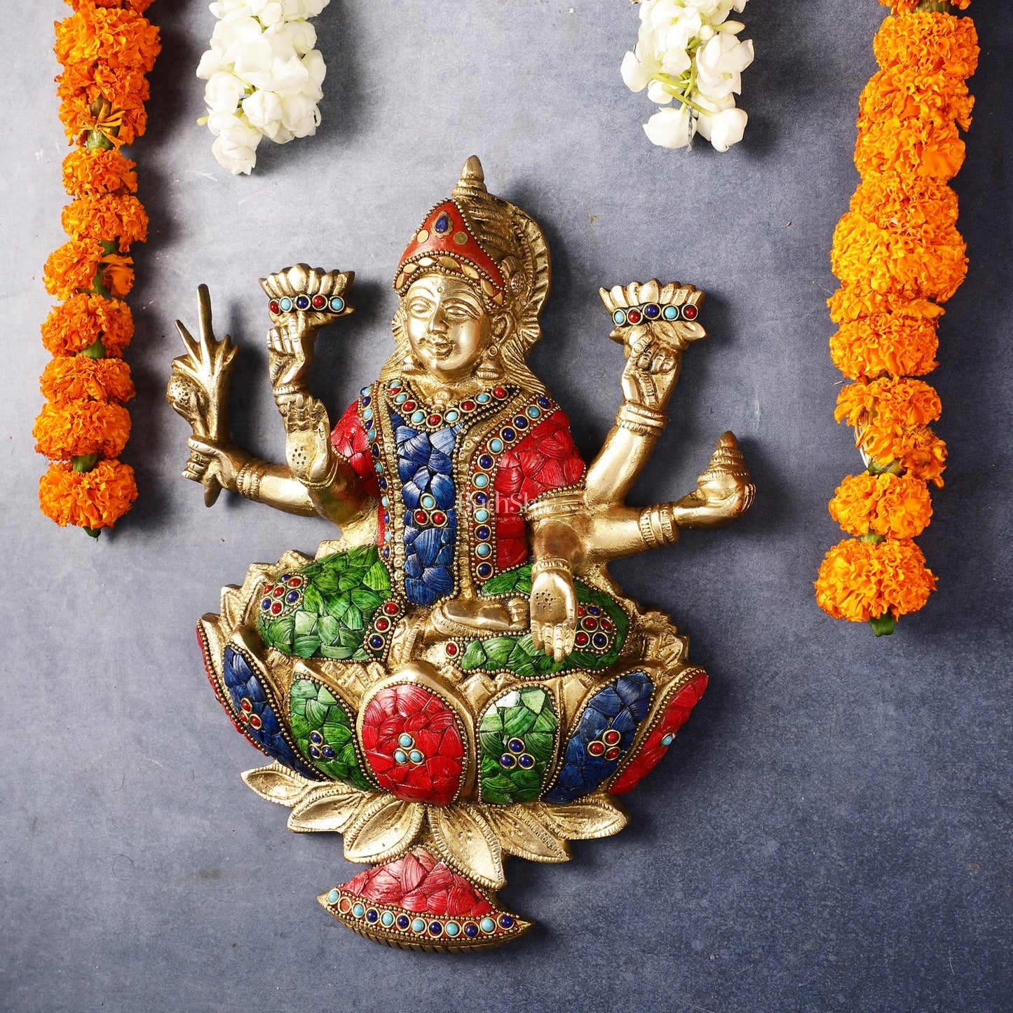 Superfine Brass goddess Lakshmi Seated on a Lotus Wall Hanging Stonework - 12 inch