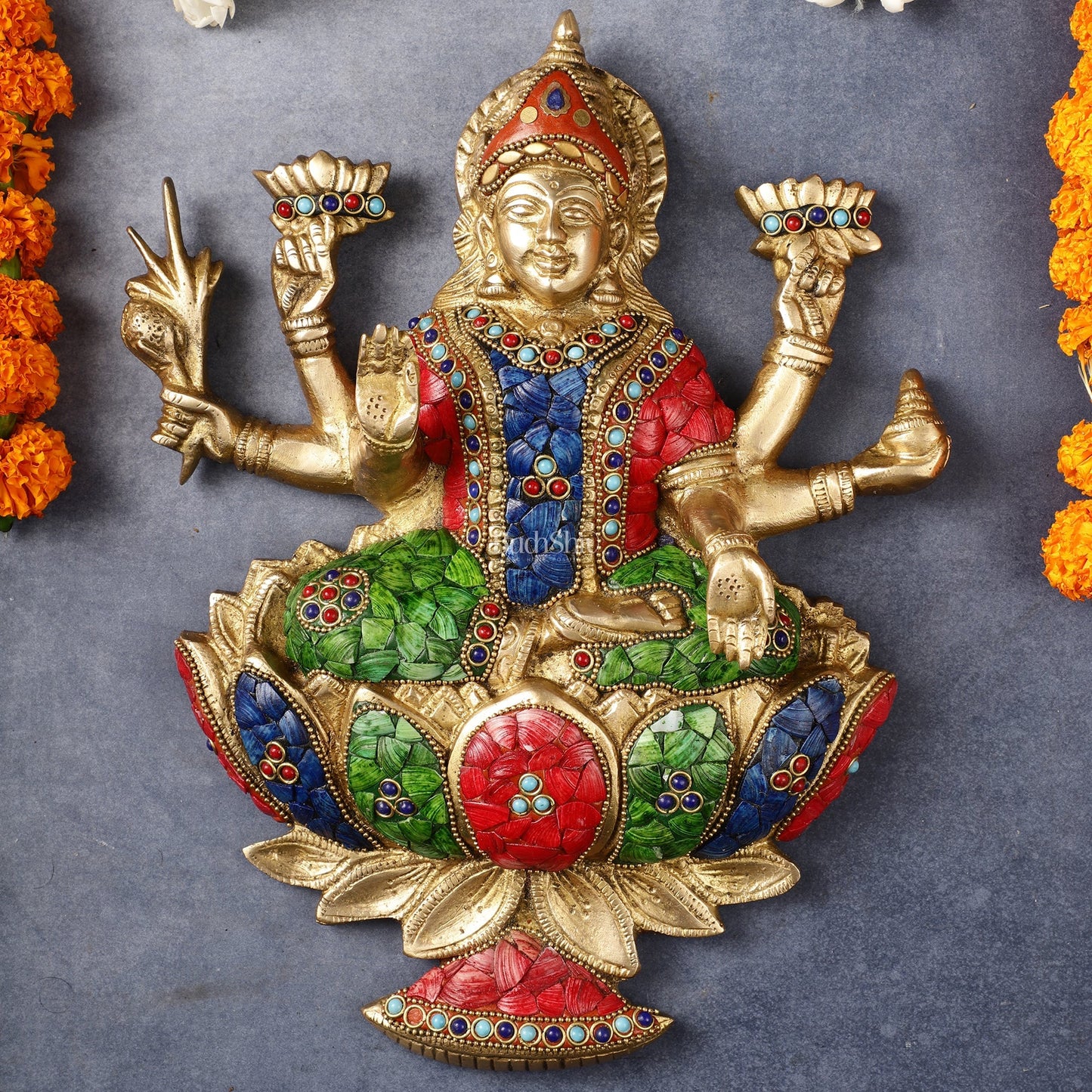 Superfine Brass goddess Lakshmi Seated on a Lotus Wall Hanging Stonework - 12 inch