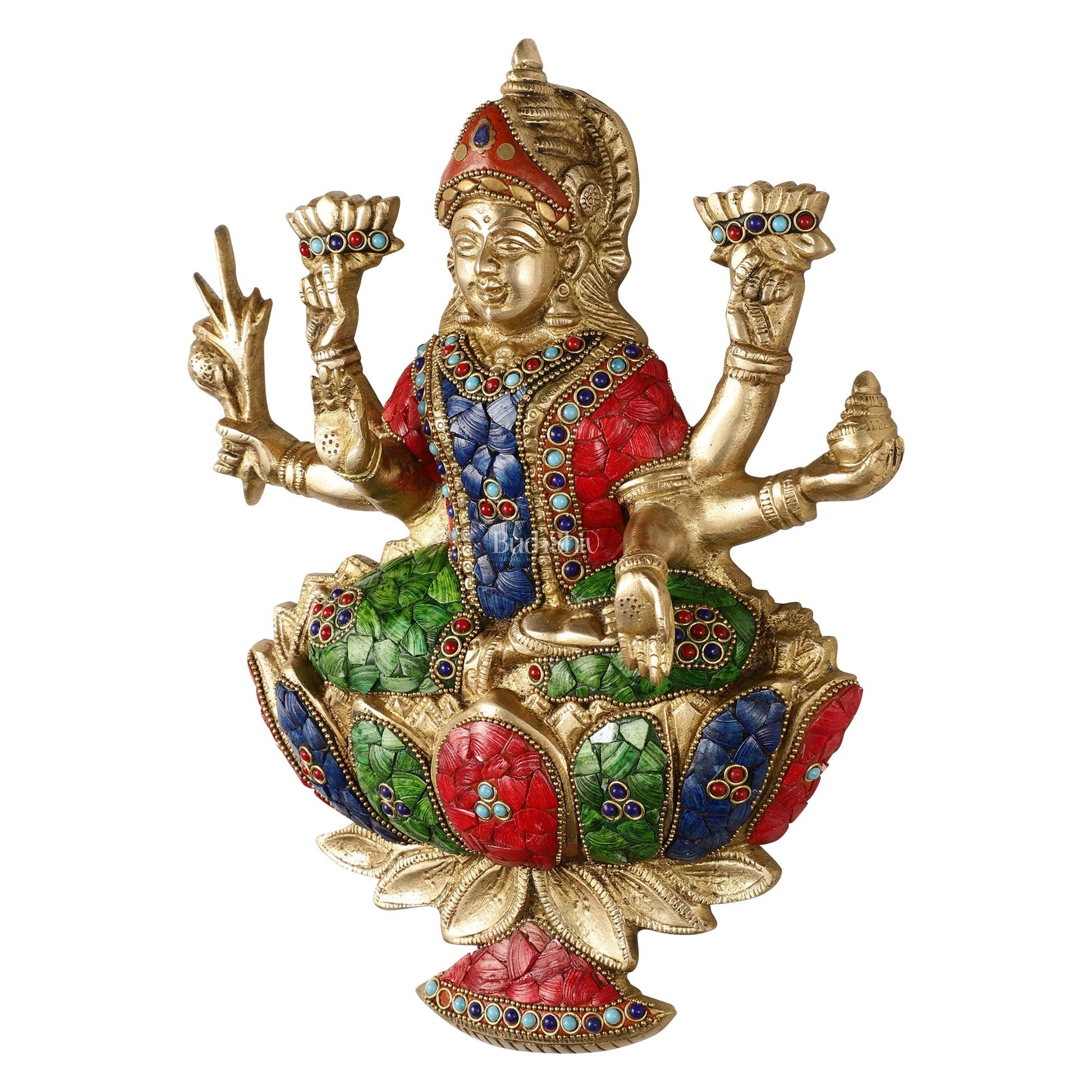Superfine Brass goddess Lakshmi Seated on a Lotus Wall Hanging Stonework - 12 inch
