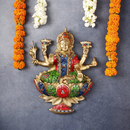 Superfine Brass goddess Lakshmi Seated on a Lotus Wall Hanging Stonework - 12 inch