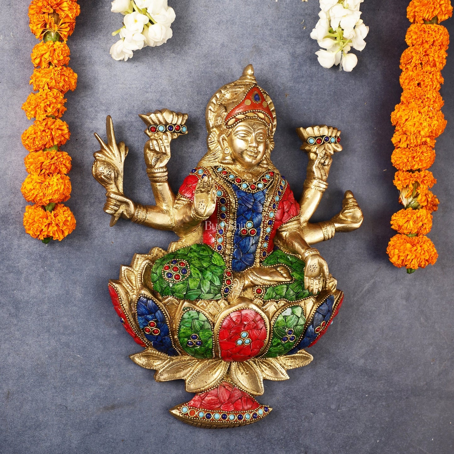 Superfine Brass goddess Lakshmi Seated on a Lotus Wall Hanging Stonework - 12 inch