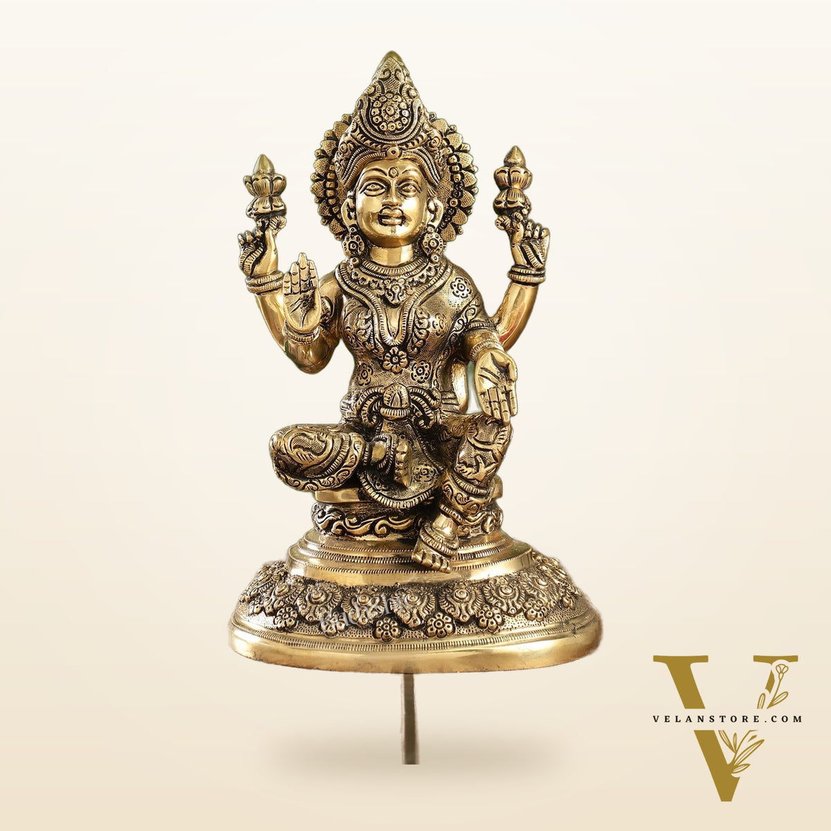 Superfine Brass Goddess Lakshmi Statue with Intricate Carvings | 12" Height