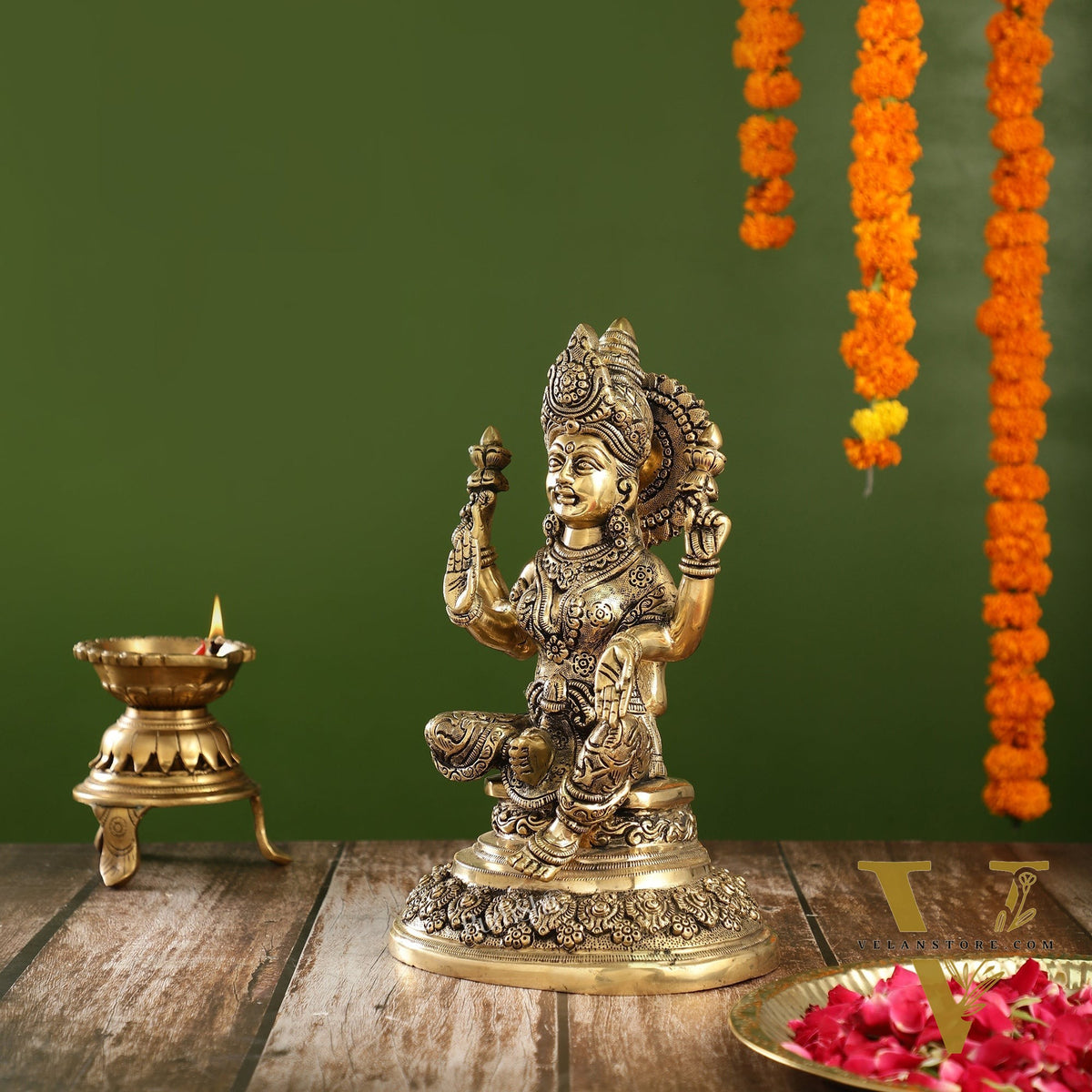 Superfine Brass Goddess Lakshmi Statue with Intricate Carvings | 12" Height