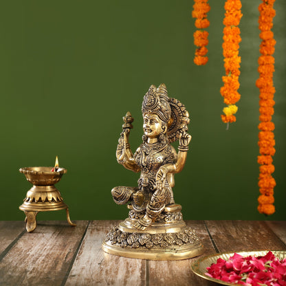 Superfine Brass Goddess Lakshmi Statue with Intricate Carvings | 12" Height