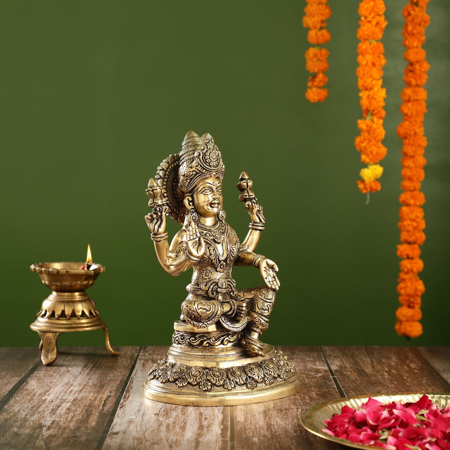 Superfine Brass Goddess Lakshmi Statue with Intricate Carvings | 12" Height