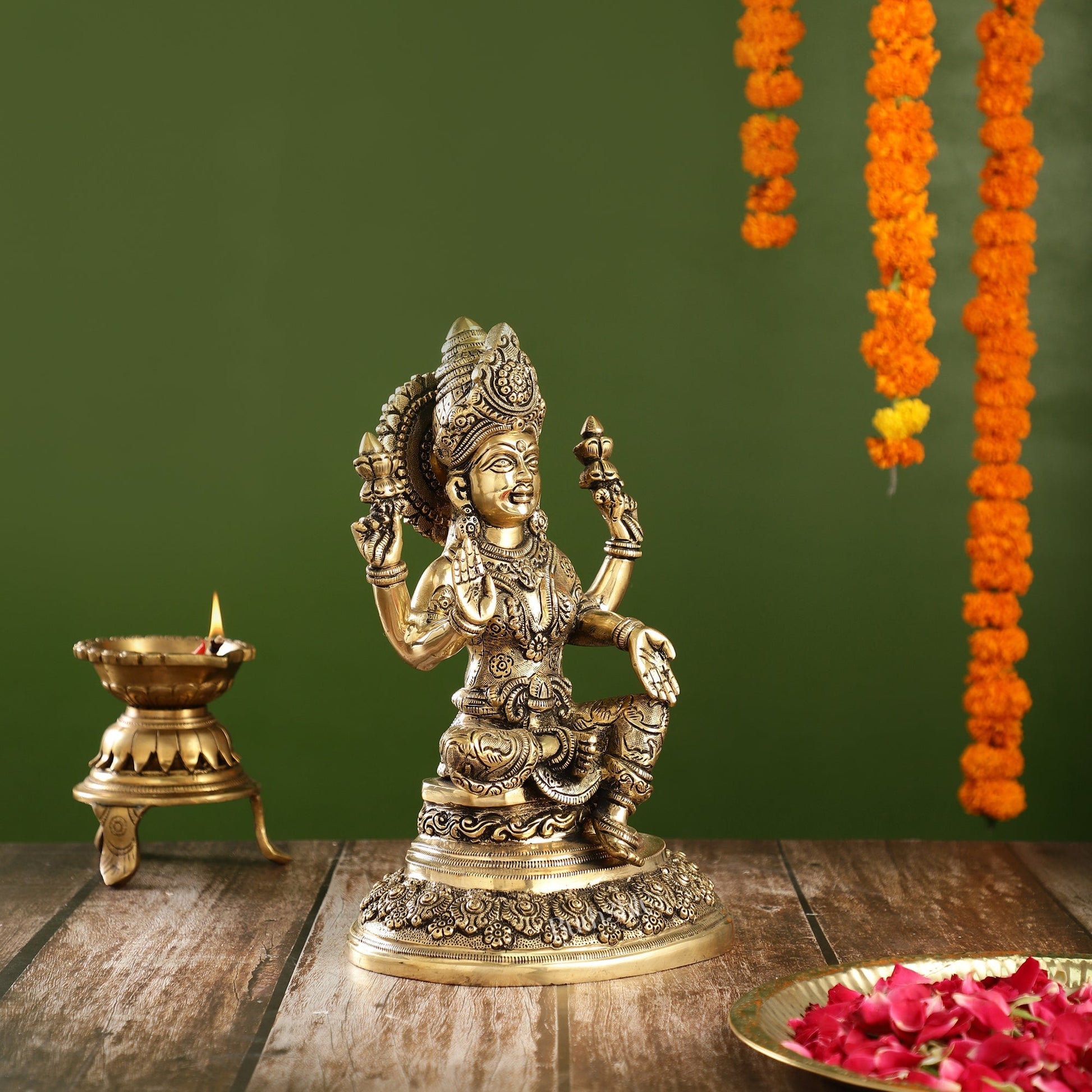 Superfine Brass Goddess Lakshmi Statue with Intricate Carvings | 12" Height
