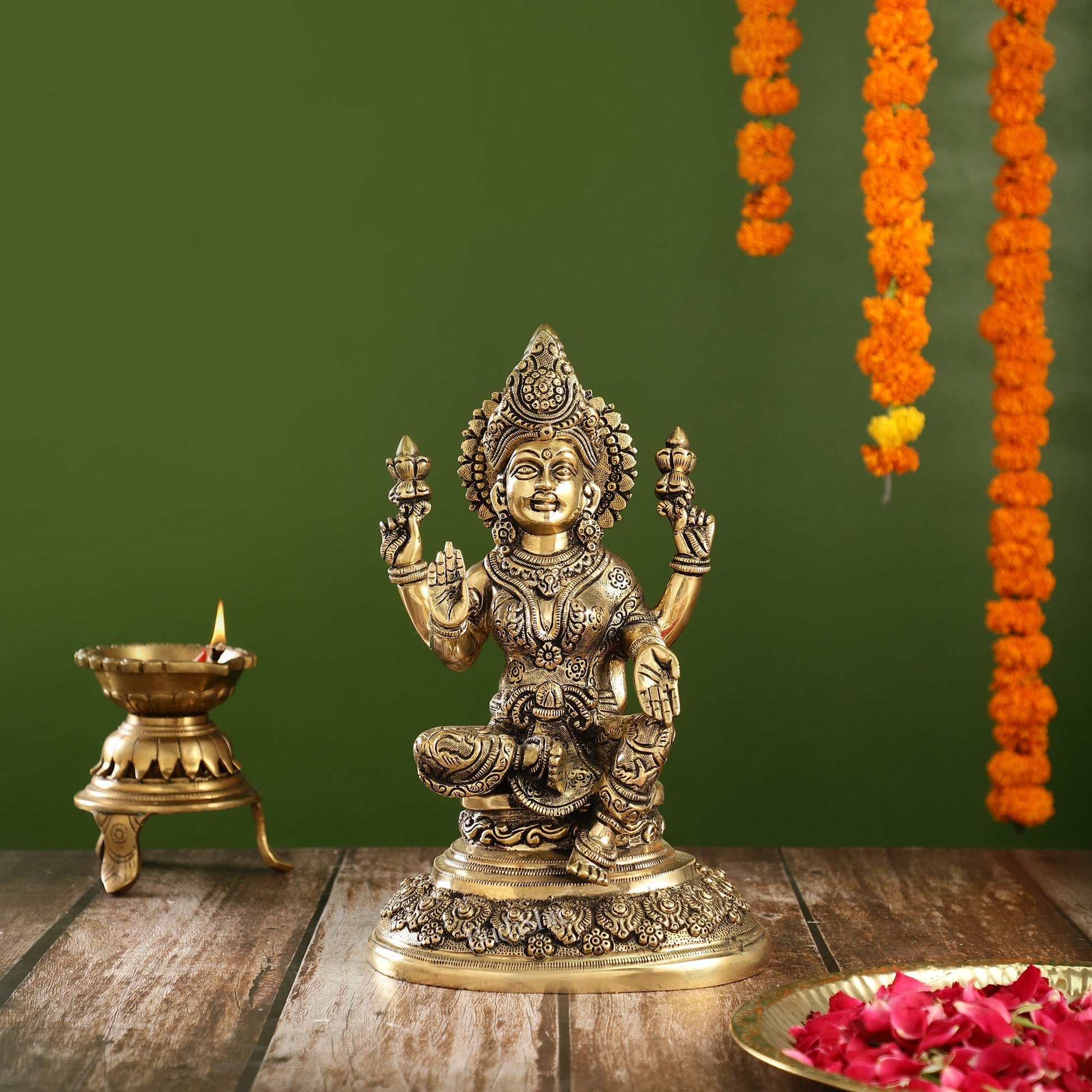 Superfine Brass Goddess Lakshmi Statue with Intricate Carvings | 12" Height