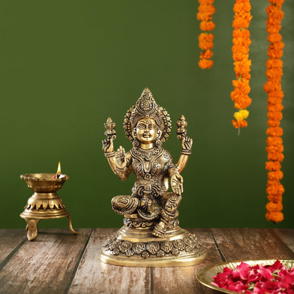 Superfine Brass Goddess Lakshmi Statue with Intricate Carvings | 12" Height