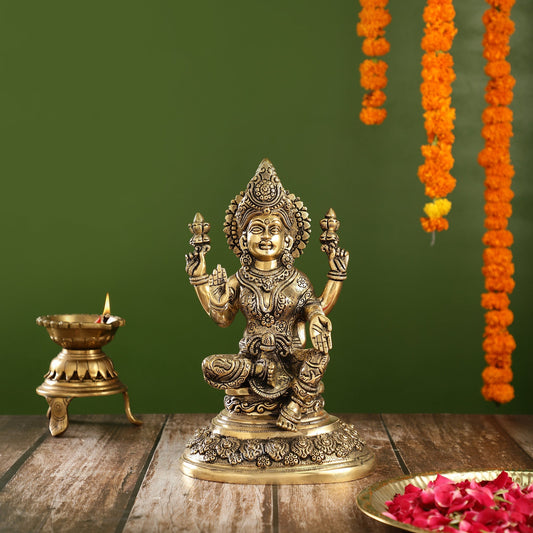 Superfine Brass Goddess Lakshmi Statue with Intricate Carvings | 12" Height