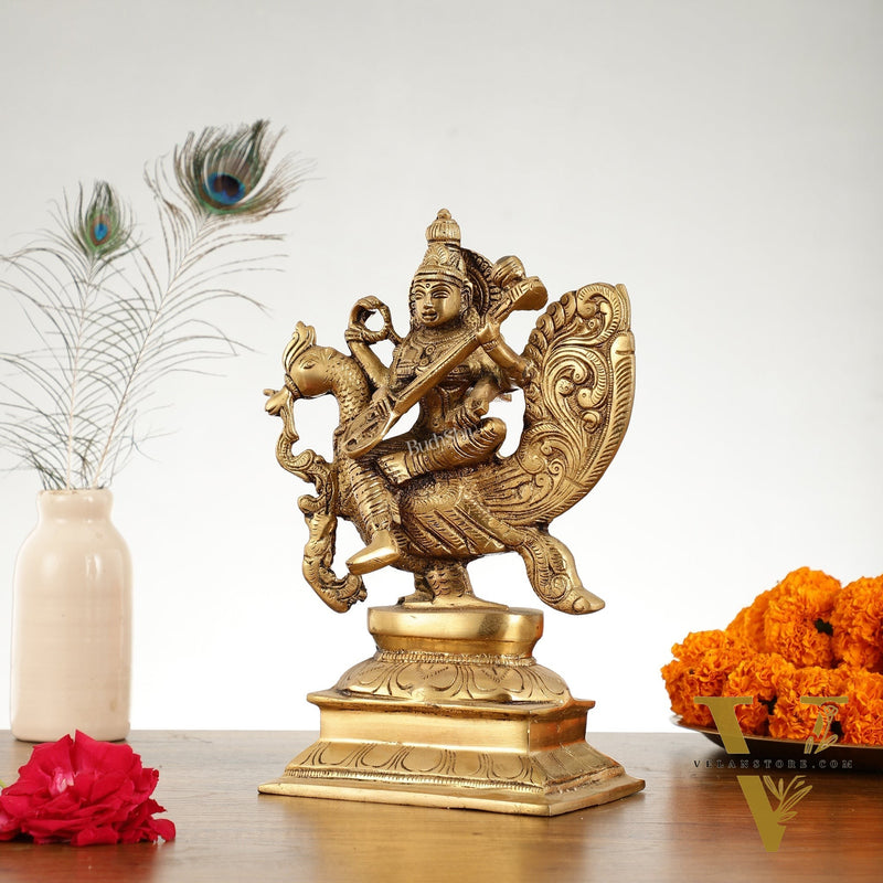 Superfine Brass Goddess Saraswati Idol - 12 Inch