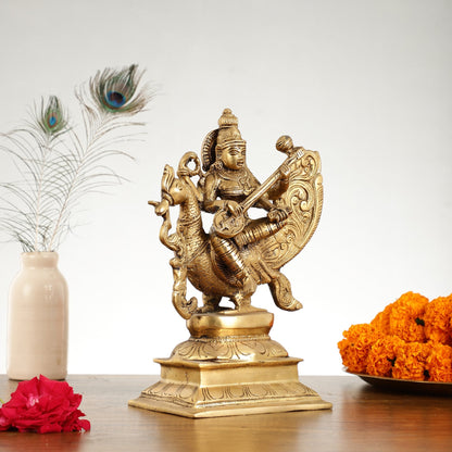 Superfine Brass Goddess Saraswati Idol - 12 Inch