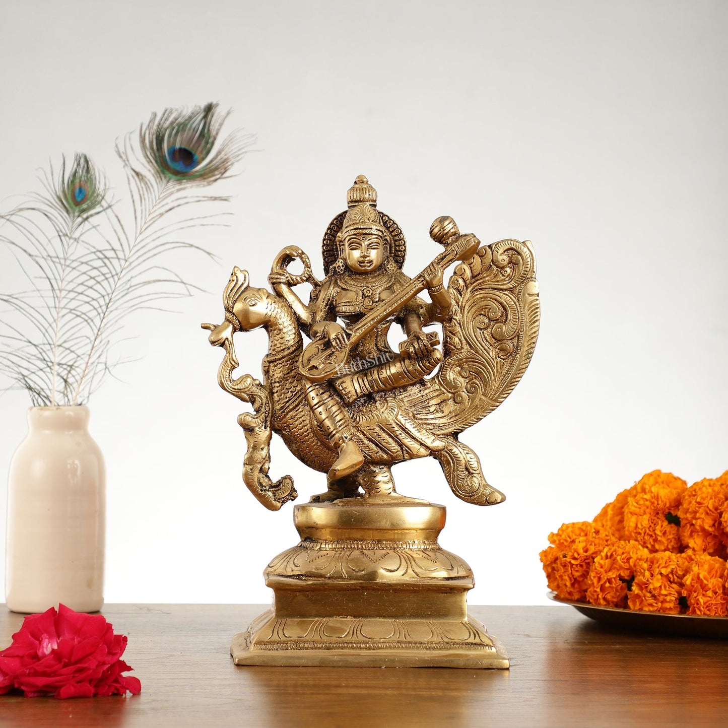 Superfine Brass Goddess Saraswati Idol - 12 Inch
