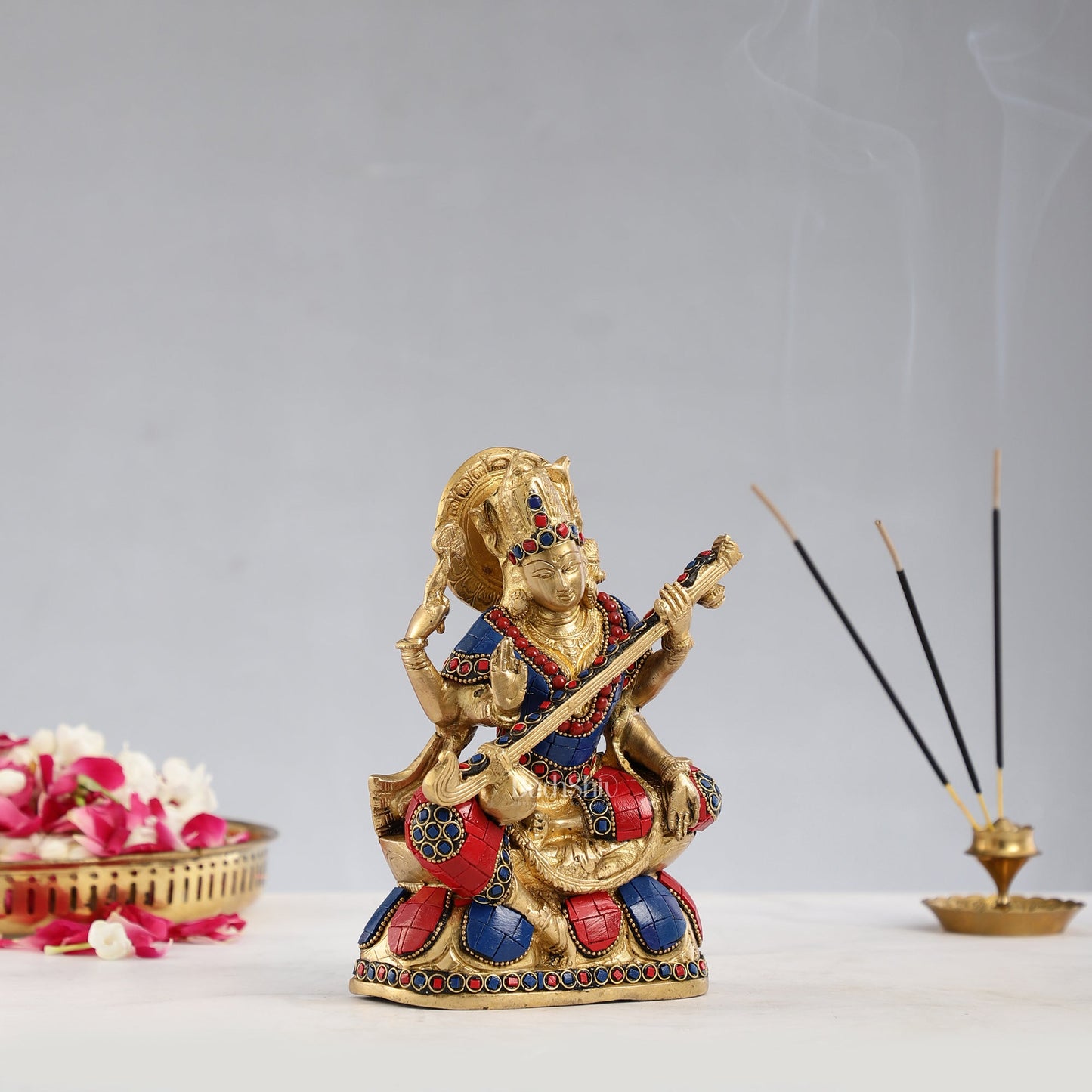 Superfine Brass Goddess Saraswati Idol with Stonework 7.5 inch