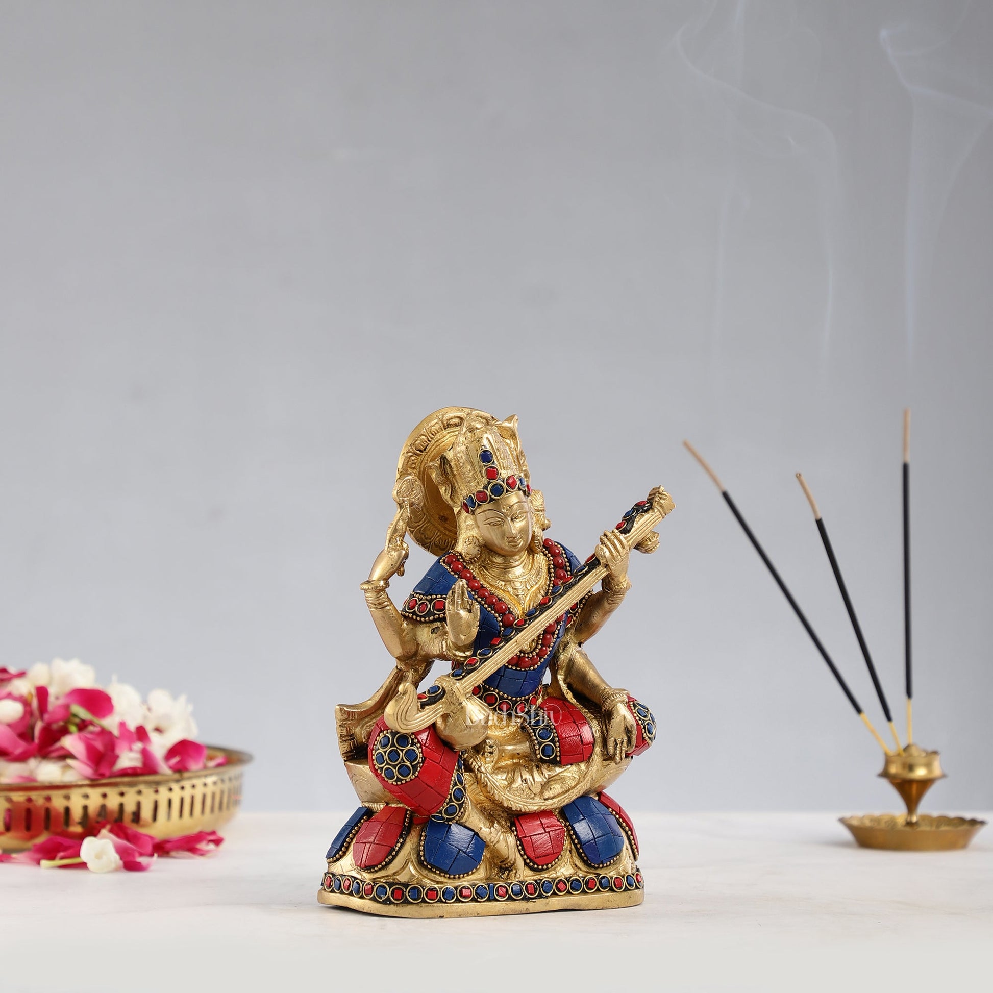 Superfine Brass Goddess Saraswati Idol with Stonework 7.5 inch