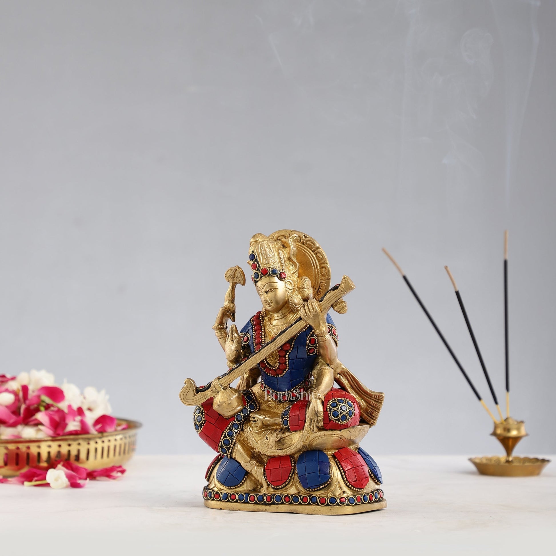 Superfine Brass Goddess Saraswati Idol with Stonework 7.5 inch