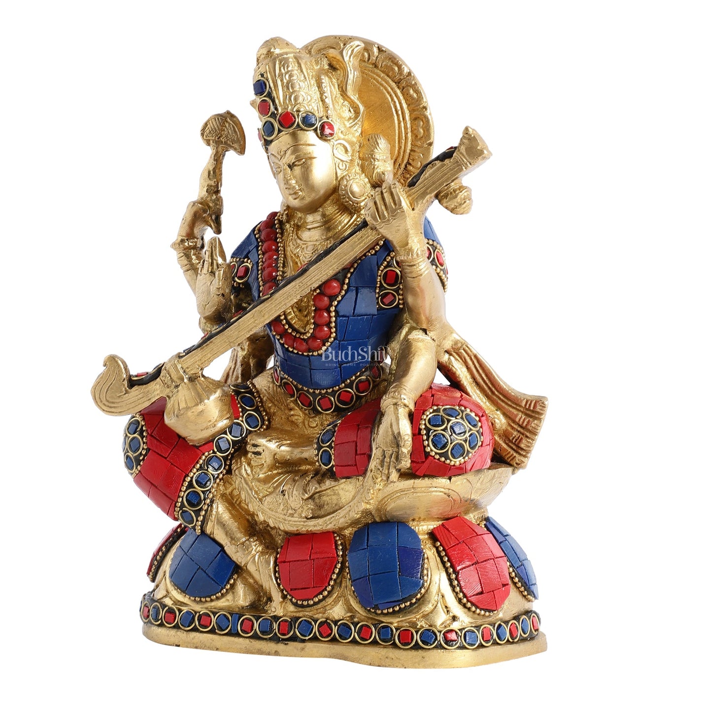 Superfine Brass Goddess Saraswati Idol with Stonework 7.5 inch
