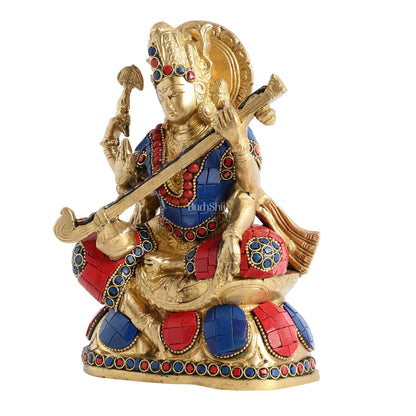 Superfine Brass Goddess Saraswati Idol with Stonework 7.5 inch