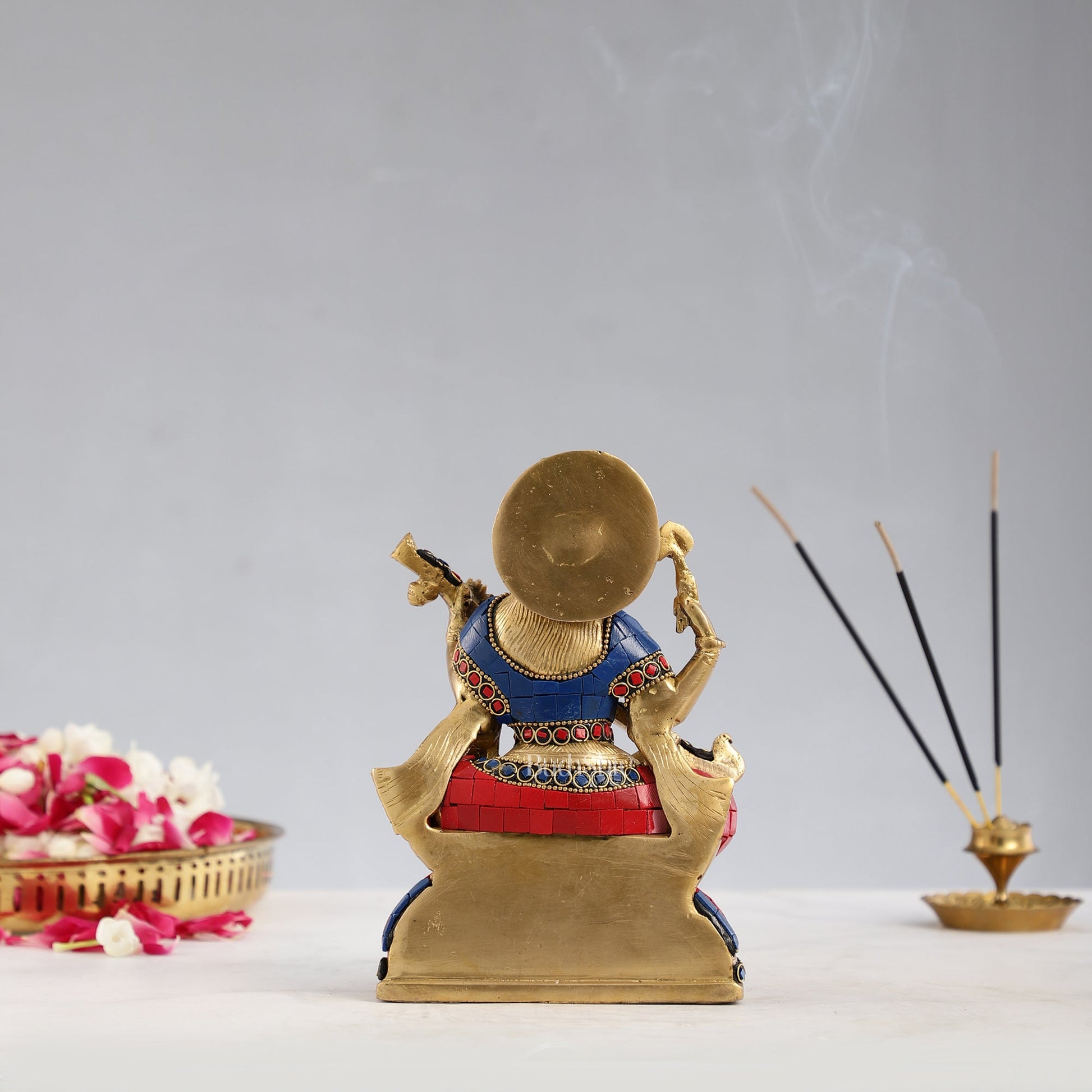 Superfine Brass Goddess Saraswati Idol with Stonework 7.5 inch