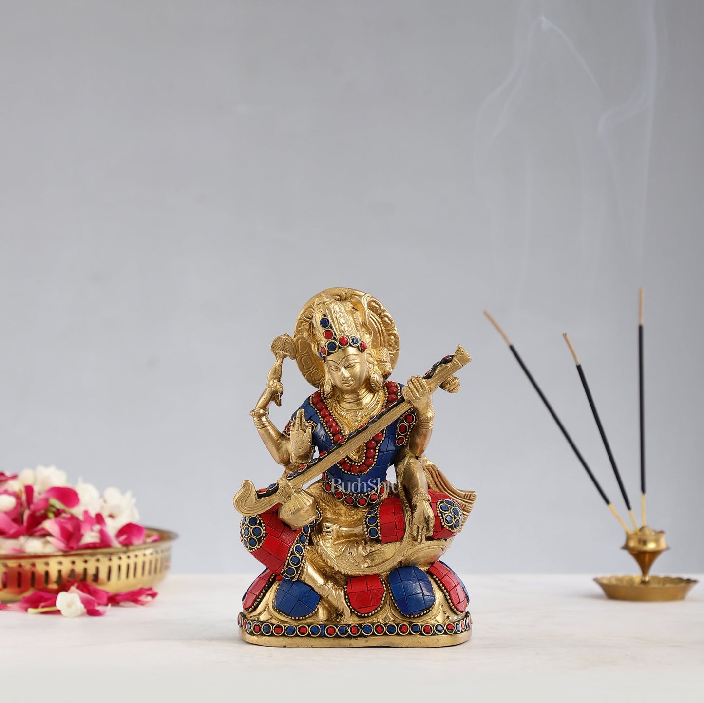 Superfine Brass Goddess Saraswati Idol with Stonework 7.5 inch
