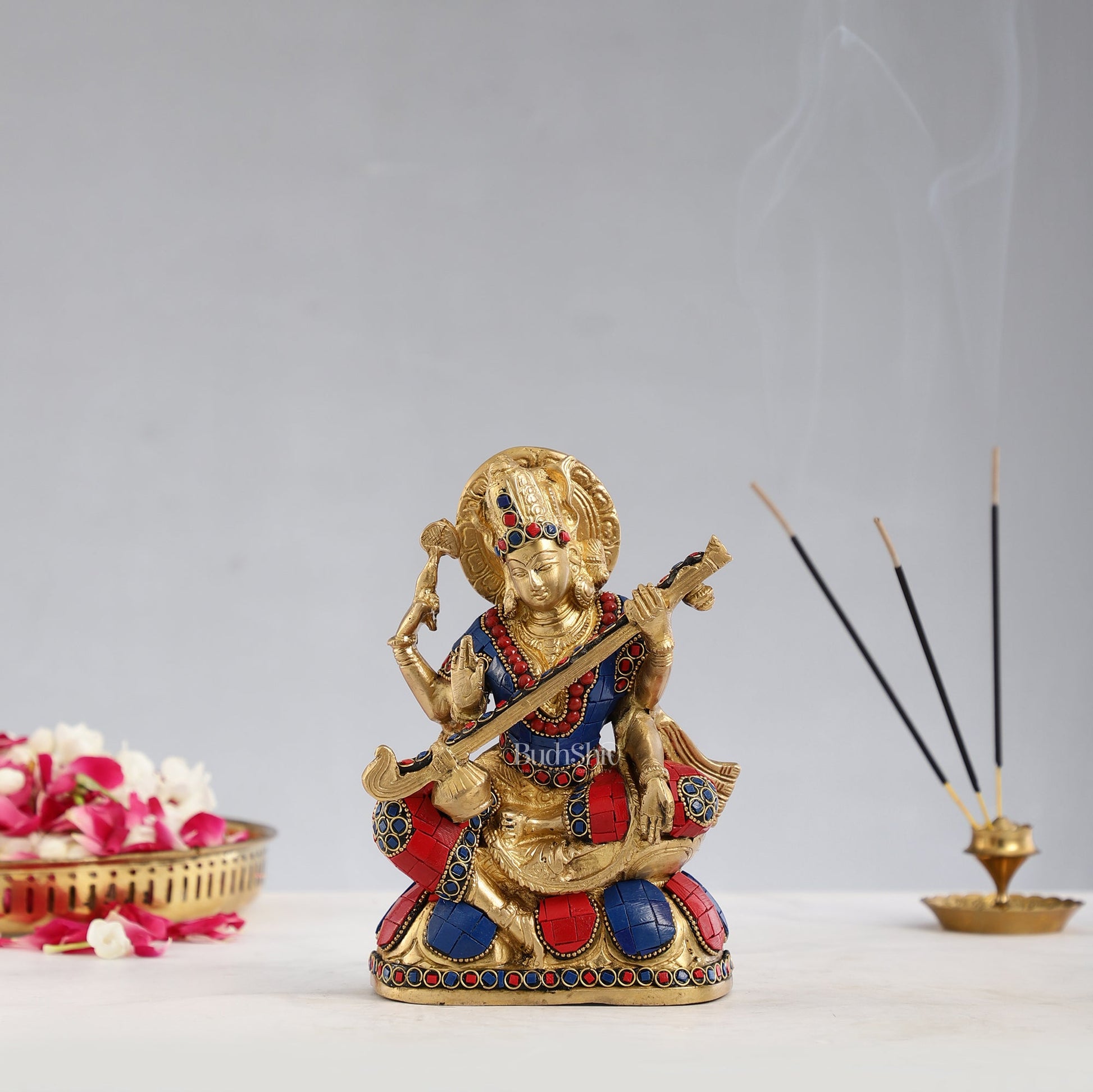 Superfine Brass Goddess Saraswati Idol with Stonework 7.5 inch