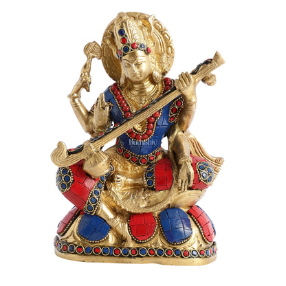 Superfine Brass Goddess Saraswati Idol with Stonework 7.5 inch