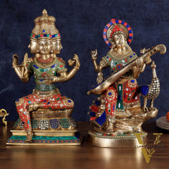 Superfine Brass Goddess Saraswati & Lord Brahma Pair | Divine Seated Sculptures