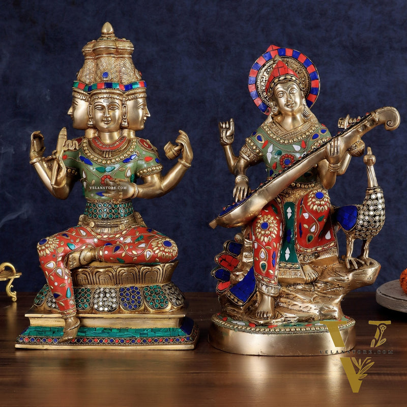 Superfine Brass Goddess Saraswati & Lord Brahma Pair | Divine Seated Sculptures