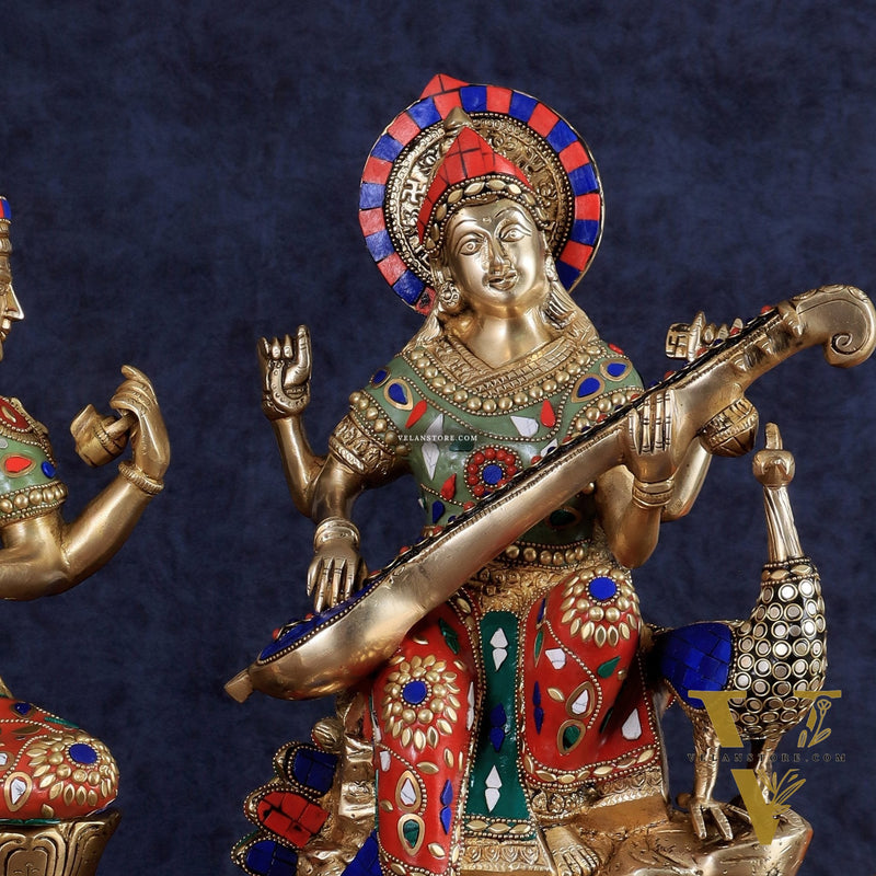 Superfine Brass Goddess Saraswati & Lord Brahma Pair | Divine Seated Sculptures