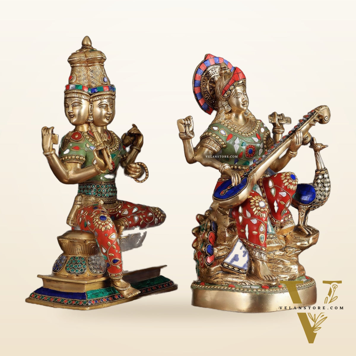 Superfine Brass Goddess Saraswati & Lord Brahma Pair | Divine Seated Sculptures