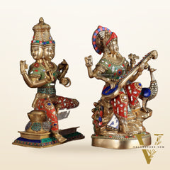 Superfine Brass Goddess Saraswati & Lord Brahma Pair | Divine Seated Sculptures