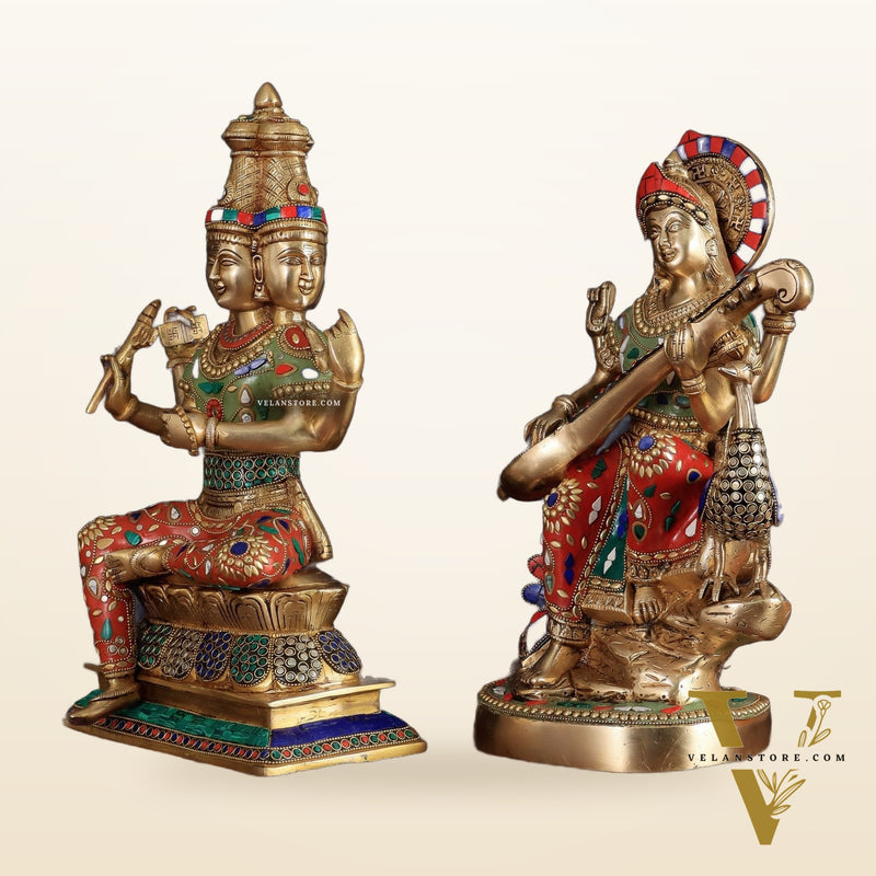 Superfine Brass Goddess Saraswati & Lord Brahma Pair | Divine Seated Sculptures
