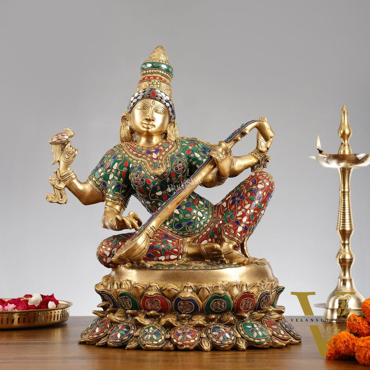 Superfine Brass Goddess Saraswati Mata Murti - 18" Stonework