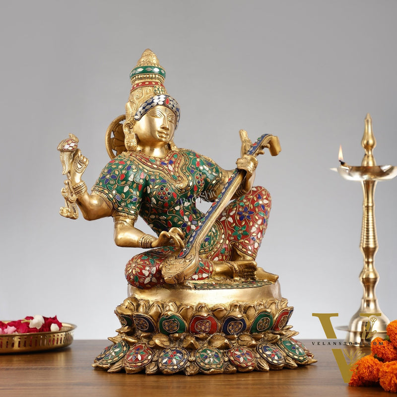 Superfine Brass Goddess Saraswati Mata Murti - 18" Stonework