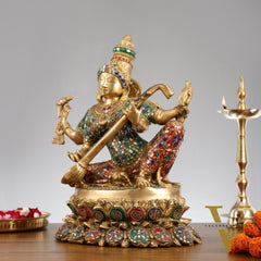 Superfine Brass Goddess Saraswati Mata Murti - 18" Stonework