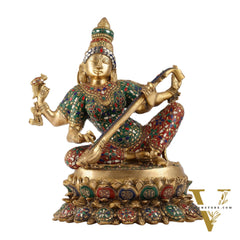 Superfine Brass Goddess Saraswati Mata Murti - 18" Stonework