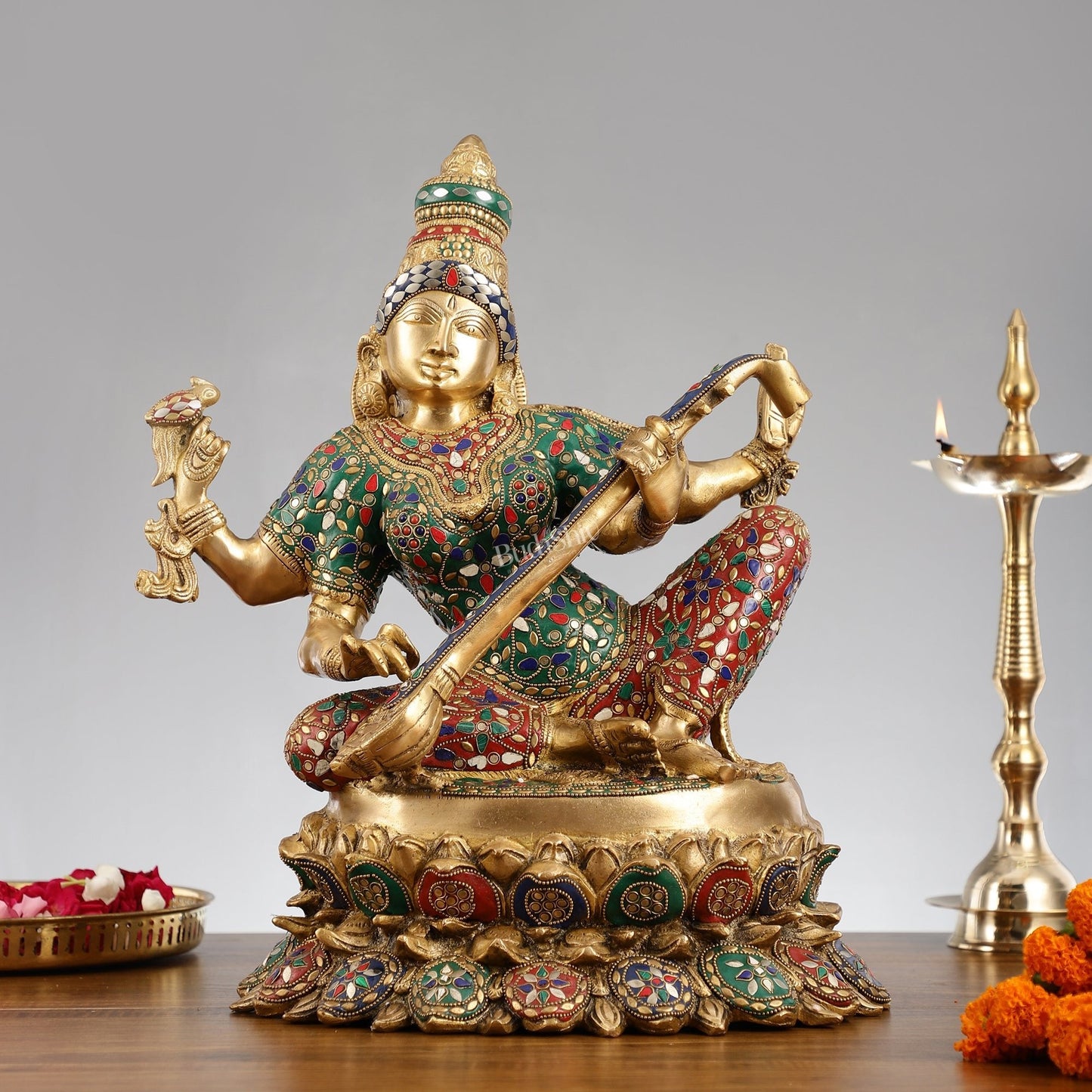 Superfine Brass Goddess Saraswati Mata Murti - 18" Stonework