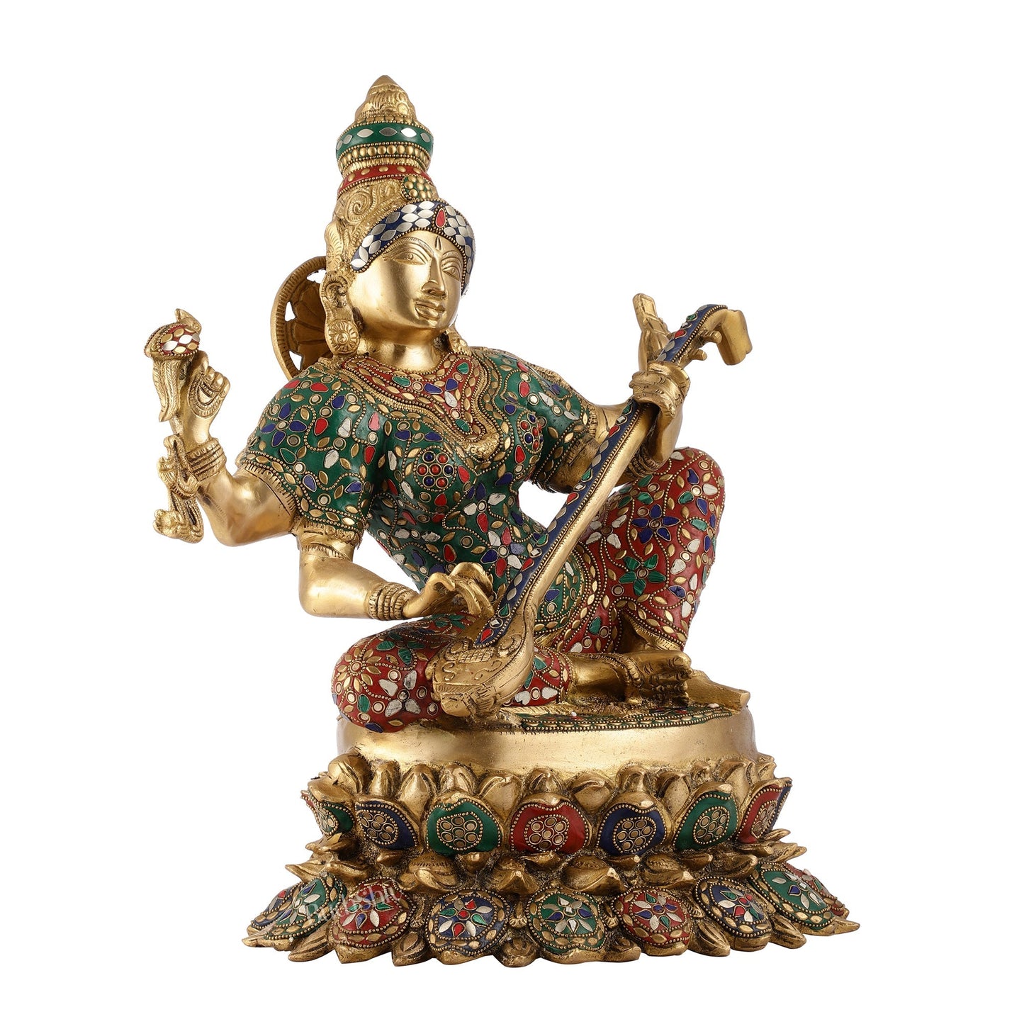 Superfine Brass Goddess Saraswati Mata Murti - 18" Stonework