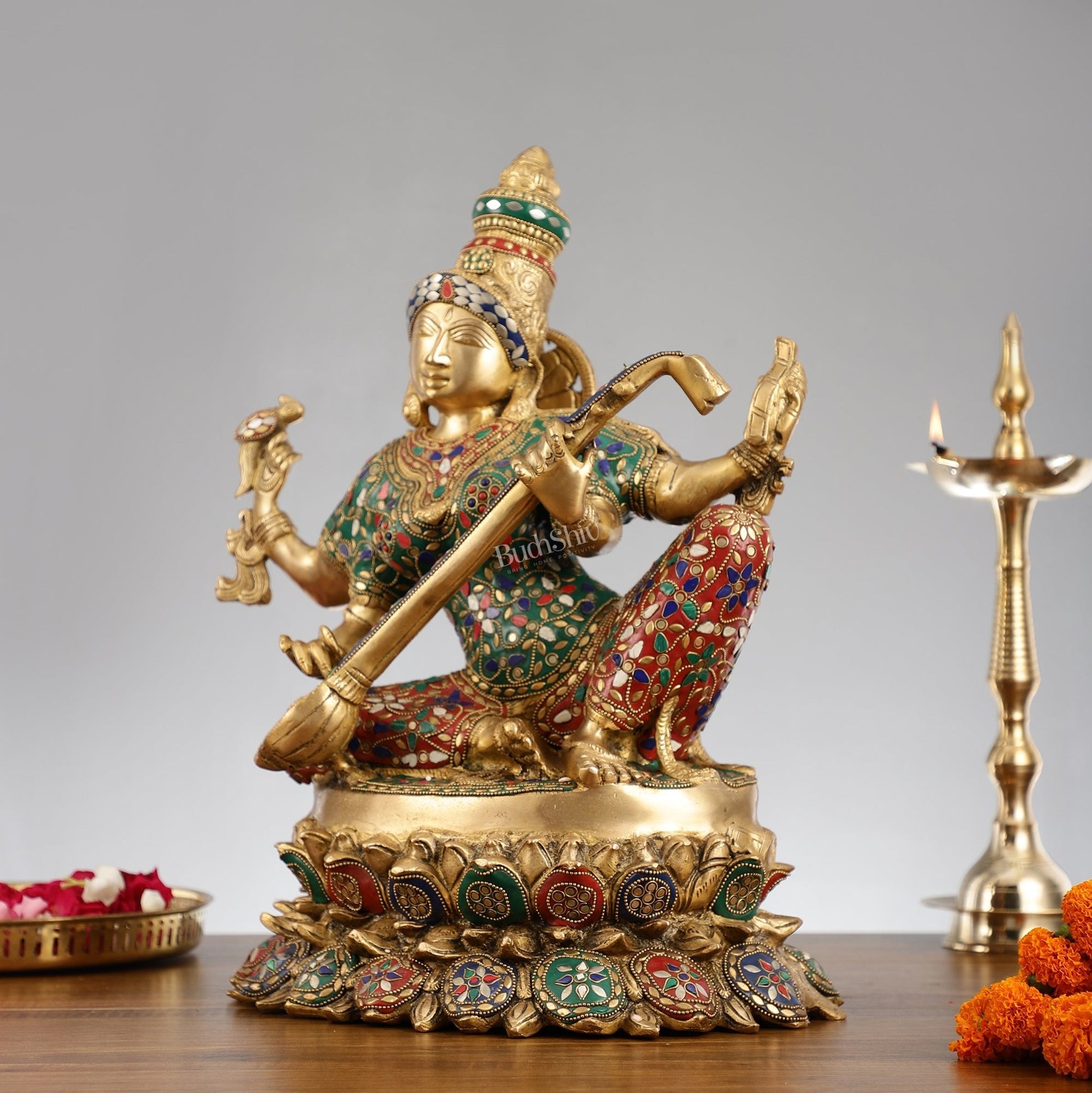 Superfine Brass Goddess Saraswati Mata Murti - 18" Stonework