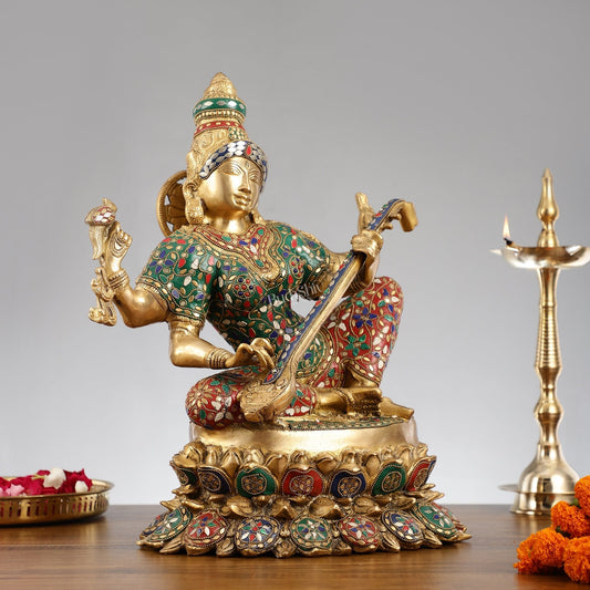 Superfine Brass Goddess Saraswati Mata Murti - 18" Stonework