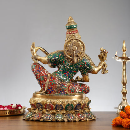 Superfine Brass Goddess Saraswati Mata Murti - 18" Stonework