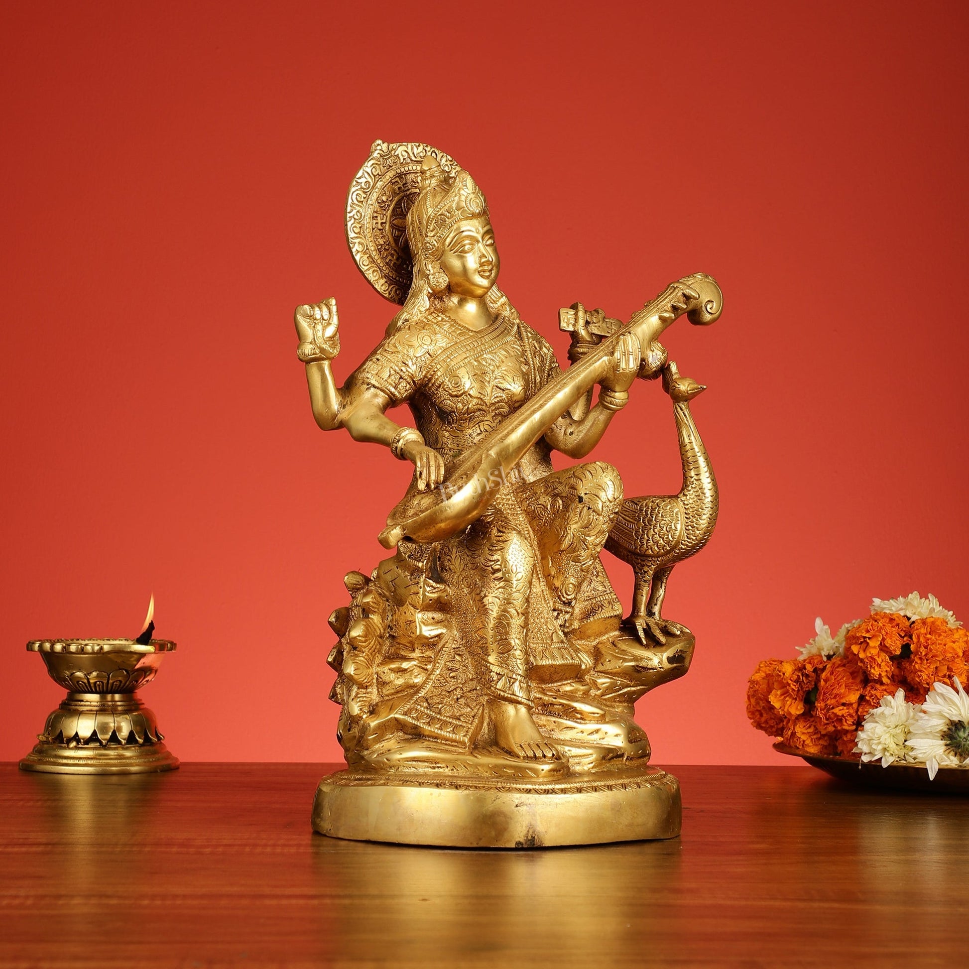 Brass Goddess Saraswati Seated on Swan Idol - 15 Inch