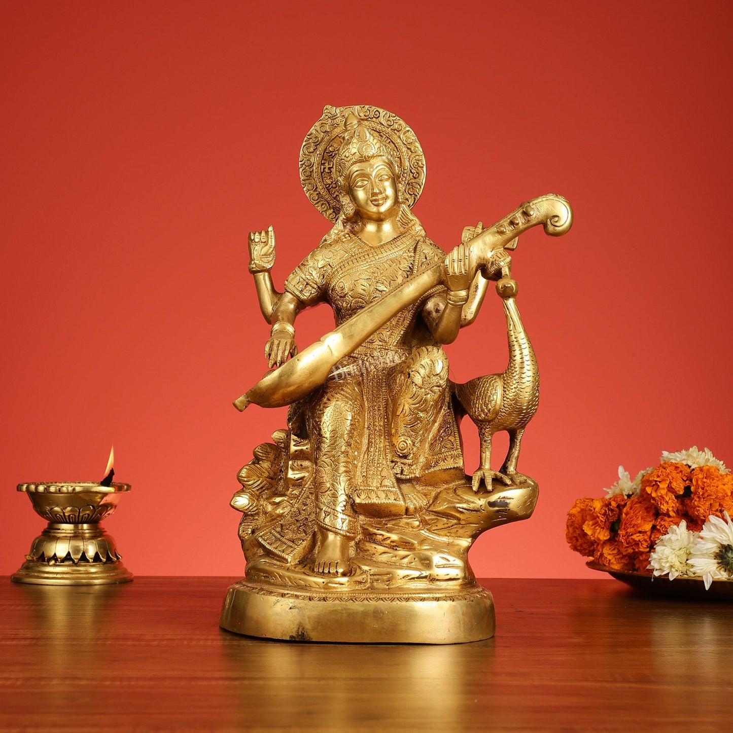 Brass Goddess Saraswati Seated on Swan Idol - 15 Inch