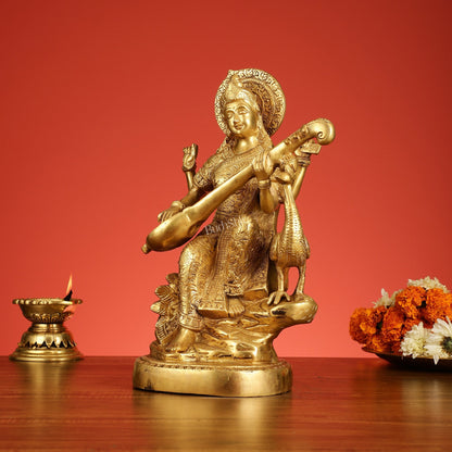 Brass Goddess Saraswati Seated on Swan Idol - 15 Inch