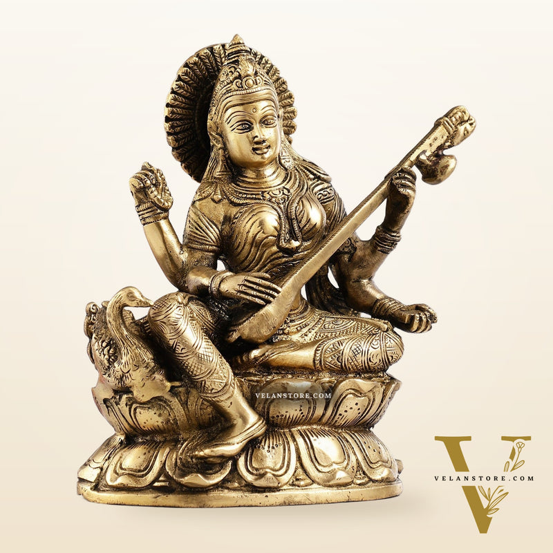 Superfine Brass Goddess Saraswati with Veena Idol 9 inch