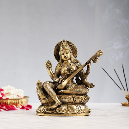 Superfine Brass Goddess Saraswati with Veena Idol 9 inch