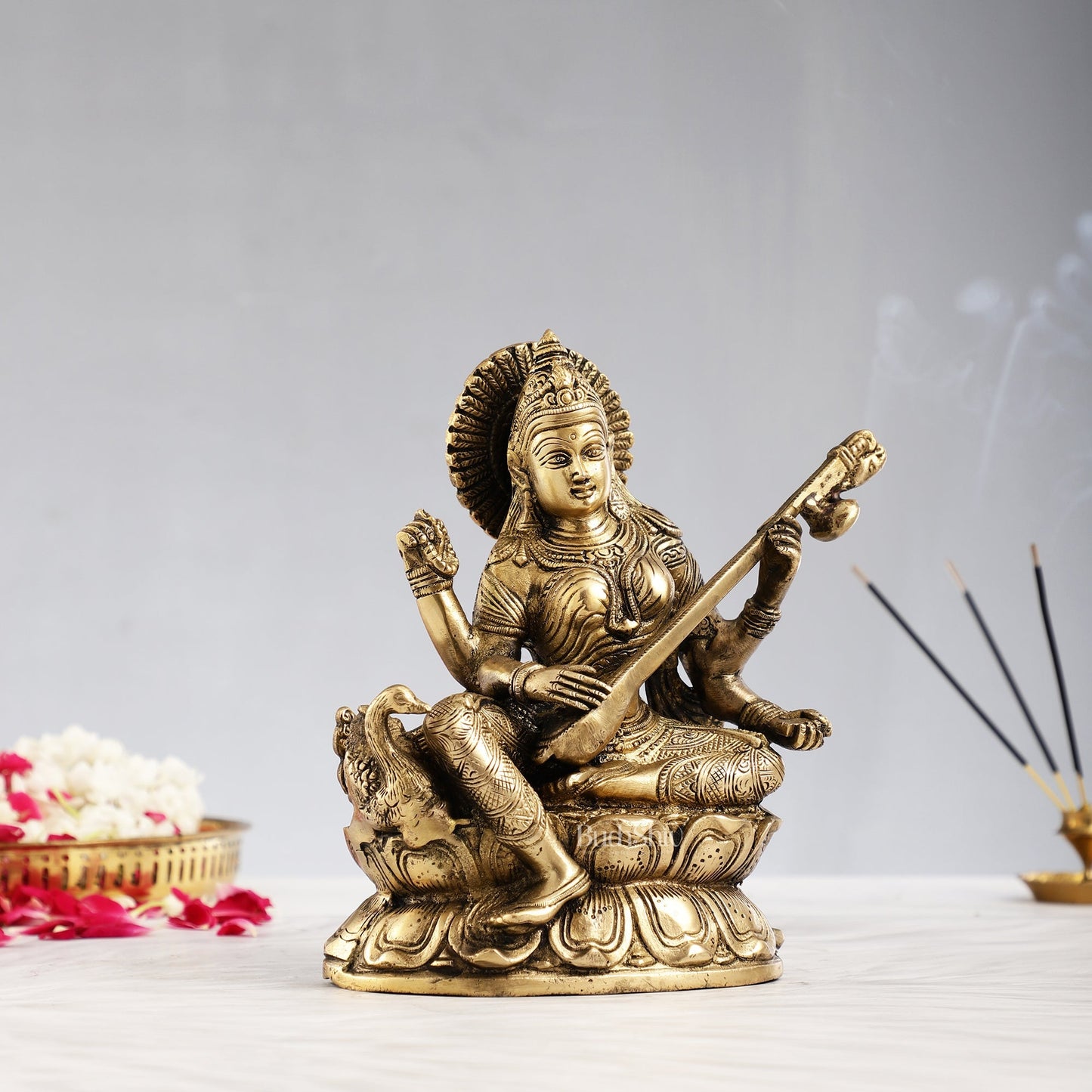 Superfine Brass Goddess Saraswati with Veena Idol 9 inch