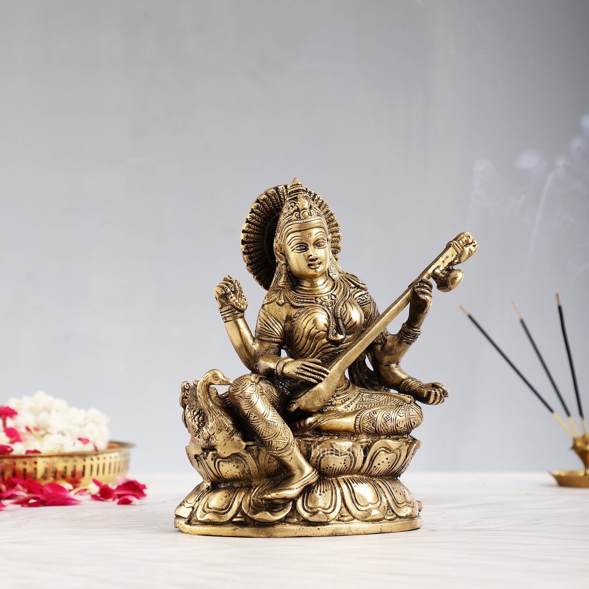 Superfine Brass Goddess Saraswati with Veena Idol 9 inch