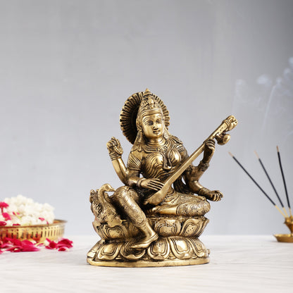 Superfine Brass Goddess Saraswati with Veena Idol 9 inch