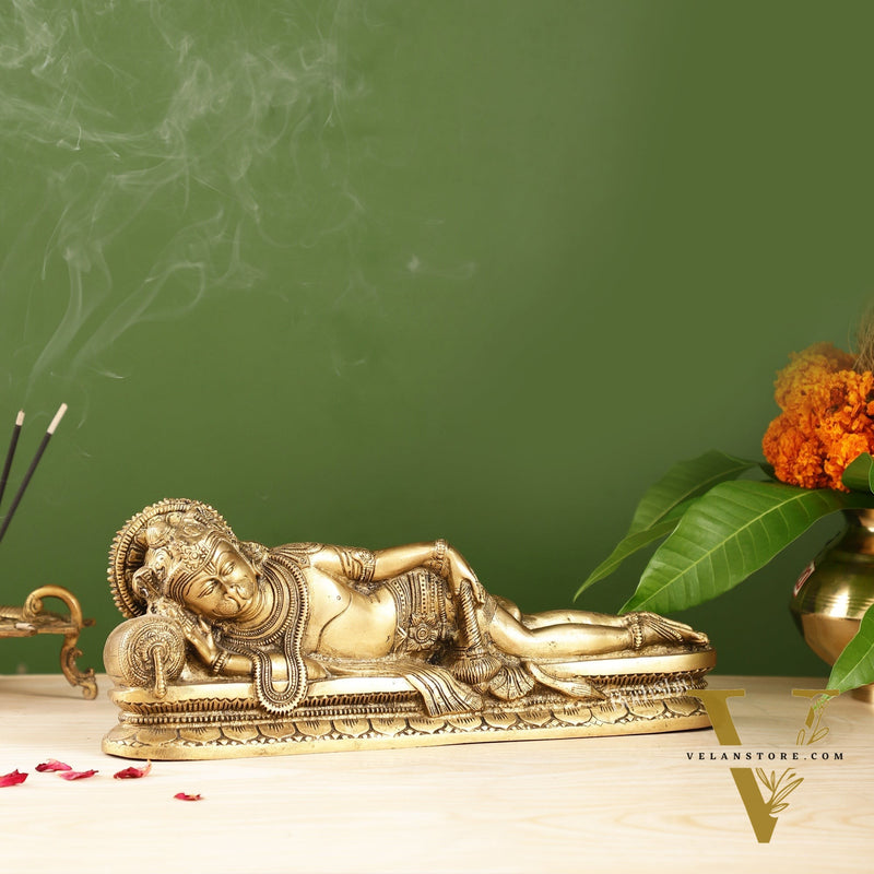 Superfine Brass Handcrafted Resting Hanuman Statue | Auspicious and Unique 12 inch