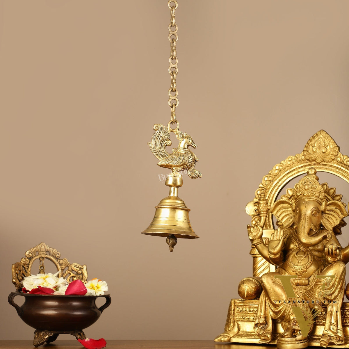 Superfine Brass Hanging Peacock Temple Bell - 7.5 Inch with 20-Inch Chain